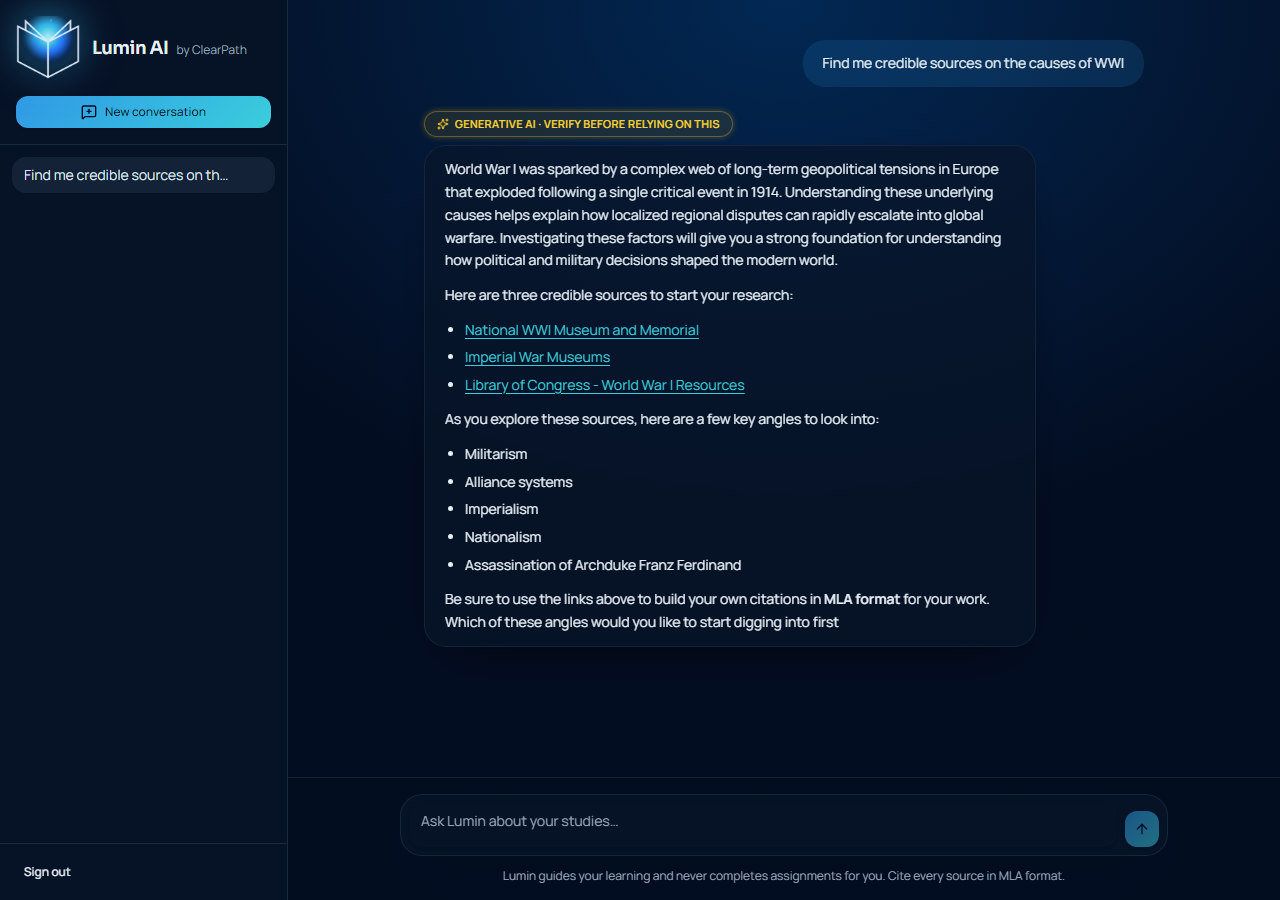 Lumin AI answering a research question with sources and no over-explaining