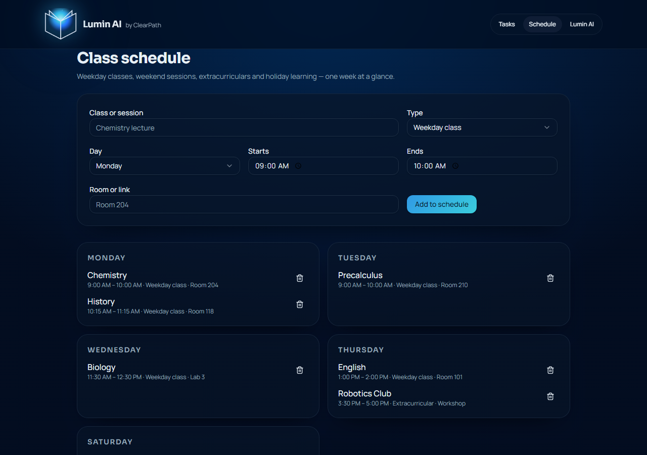 The ClearPath class schedule laid out across the week
