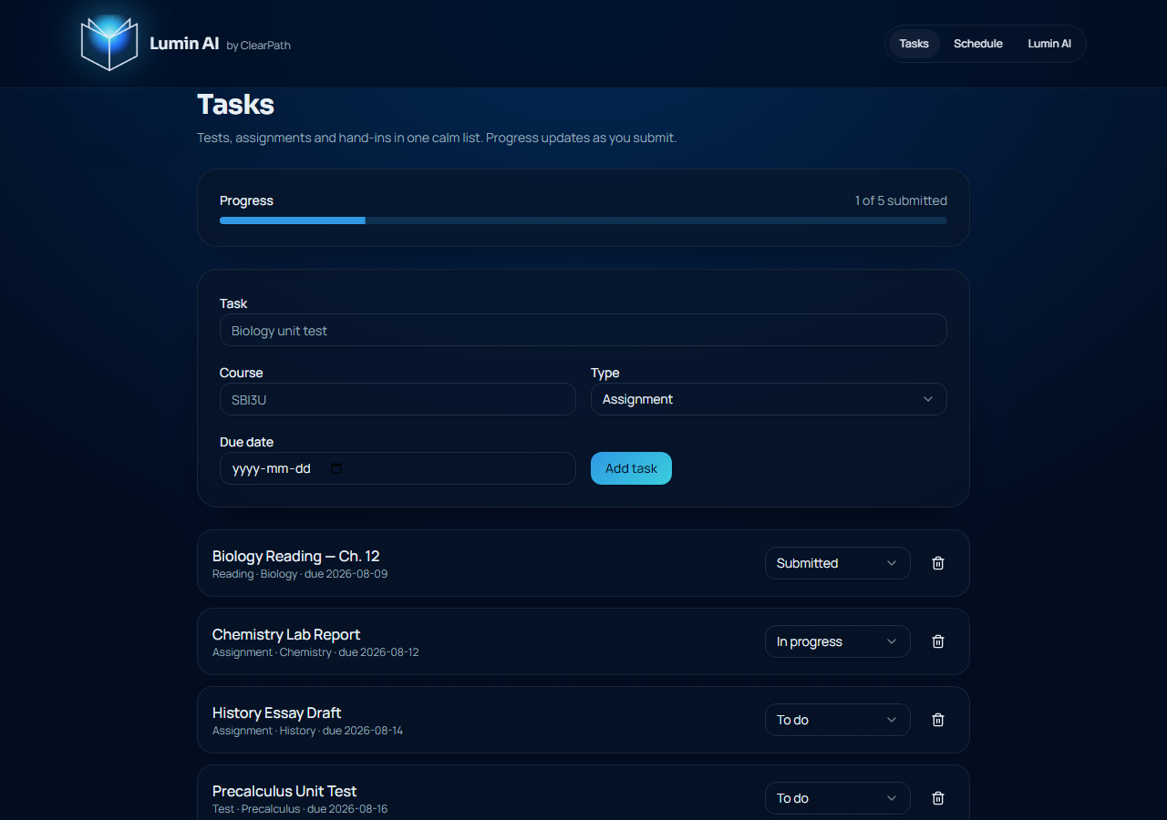 The ClearPath tasks page showing tests and assignments with due dates
